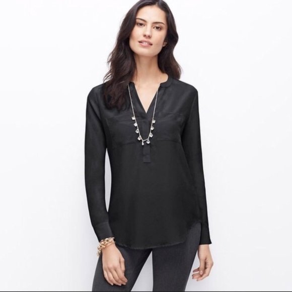 Ann Taylor Tops - Ann Taylor Split Neck Black Silk Blouse M